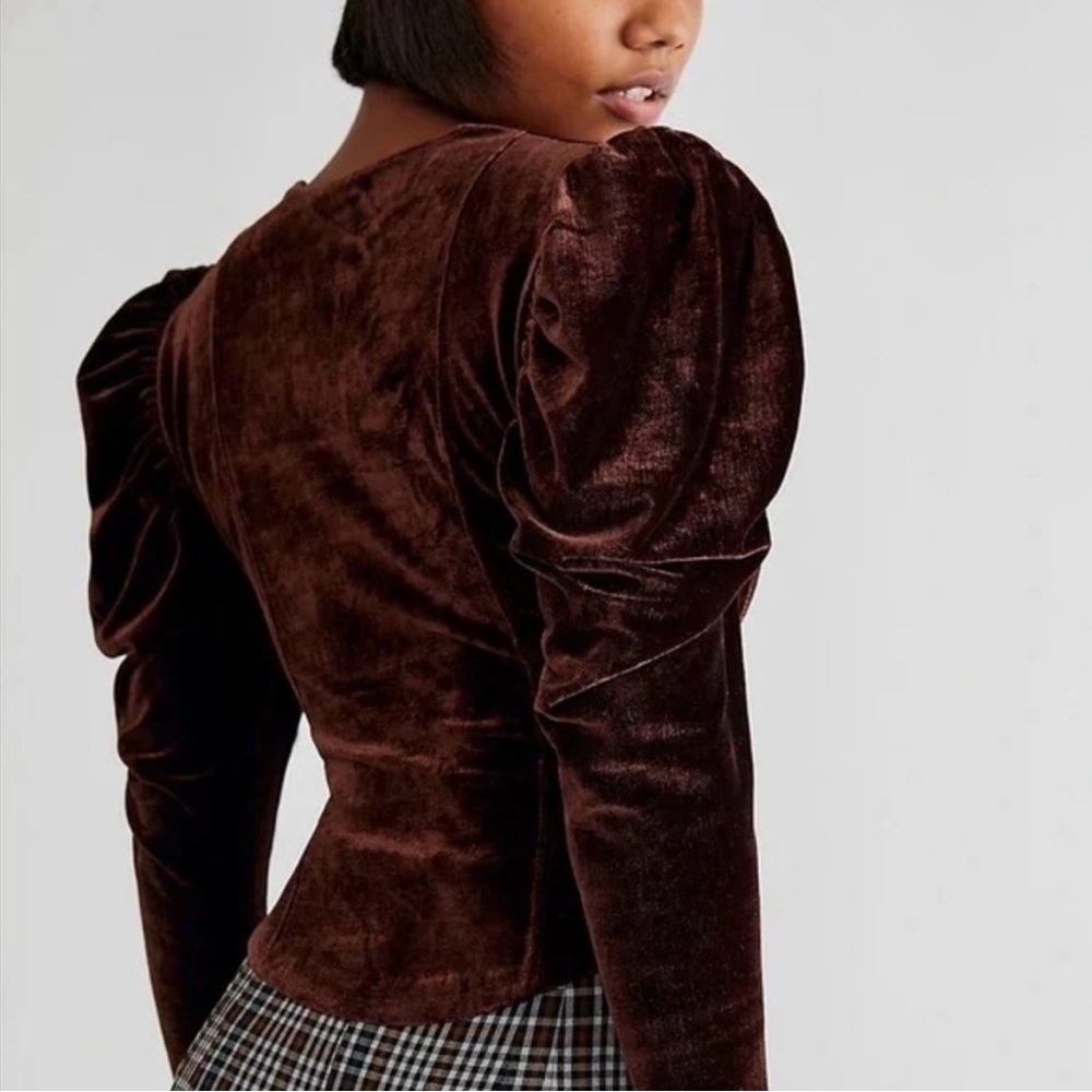 Free People Hold Me Velvet Long Puff Sleeve Top in Brown - Picture 2 of 9